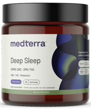 Medterra Deep Sleep CBD Gummies - 25mg CBD, 2mg THC, Mixed Berry flavor, 30 gummies per container