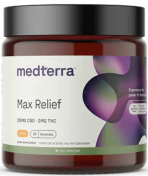 Medterra Max Relief CBD Gummies - 25mg CBD, 2mg THC, Citrus flavor, 30 gummies per container