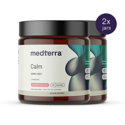 Two jars of Medterra's Calm CBD Gummies are displayed, each holding 20 strawberry lemonade-flavored gummies. The label states that each gummy contains 25mg of broad-spectrum CBD, ideal for stress reduction. A "2x jars" symbol is visible in the top right corner of the image.