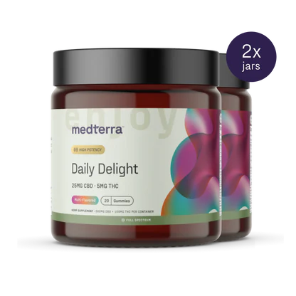 Front view of Daily Delight CBD Gummies jars showing 25mg CBD and 5mg THC per gummy, 20-count label and 2x jars badge on white background