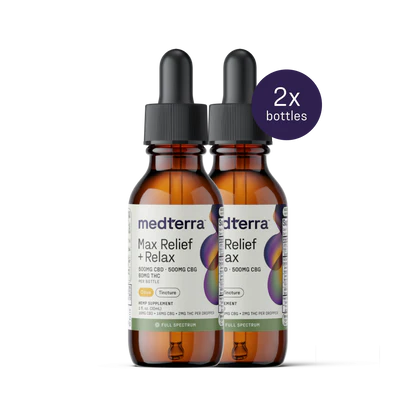Front view of two Max Relief and Relax Full Spectrum CBD Oil bottles showcasing 500mg CBD and 500mg CBG on white background