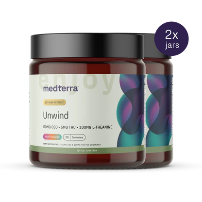 Two jars of Medterra's Unwind Gummies offer a multi-flavored assortment, each gummy containing 50mg CBD, 5mg THC, and 100mg L-Theanine. A purple circle in the top right corner displays "2x jars." The jars are topped with dark lids and have an eye-catching colorful design.