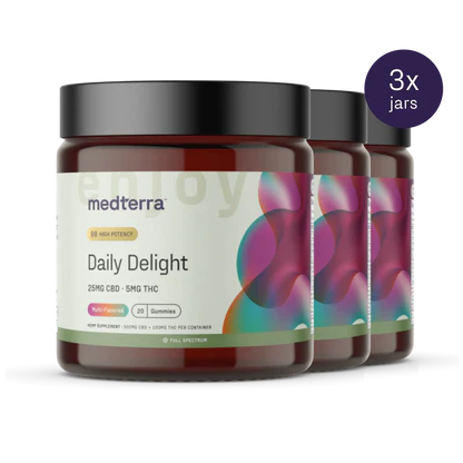 Three jars of Medterra's Daily Delight CBD Gummies are displayed. Each jar contains 20 multi-flavored gummies, with each gummy providing 25mg CBD and 5mg THC. The label features a white background with a gradient of purple and teal bubbles. Additionally, a "3x jars" label is visible in the top right corner.