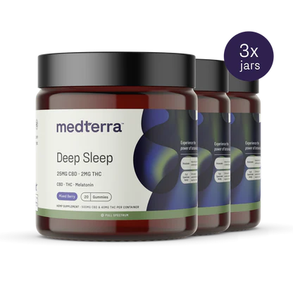 Three jars of Medterra Deep Sleep CBD Gummies are displayed. The label specifies that each jar contains 20 mixed berry-flavored gummies with 25mg CBD, 2mg THC, and melatonin. A purple circle in the top-right corner states "3x jars." These gummies feature Full Spectrum Hemp Extract to enhance your sleep quality.