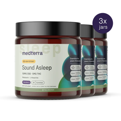 Front view of Sound Asleep gummies jars, three jars showing label 50mg CBD, 5mg THC, melatonin, blackberry flavor, 20-count